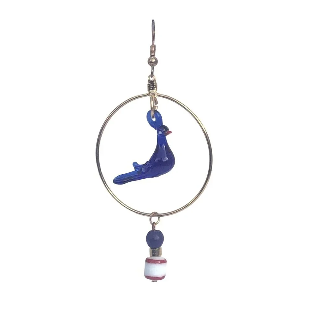 Gold Tone Hoop Earrings with Cobalt Blue Lampwork Glass Birds & Art Glass Beads - Picture 2 of 3